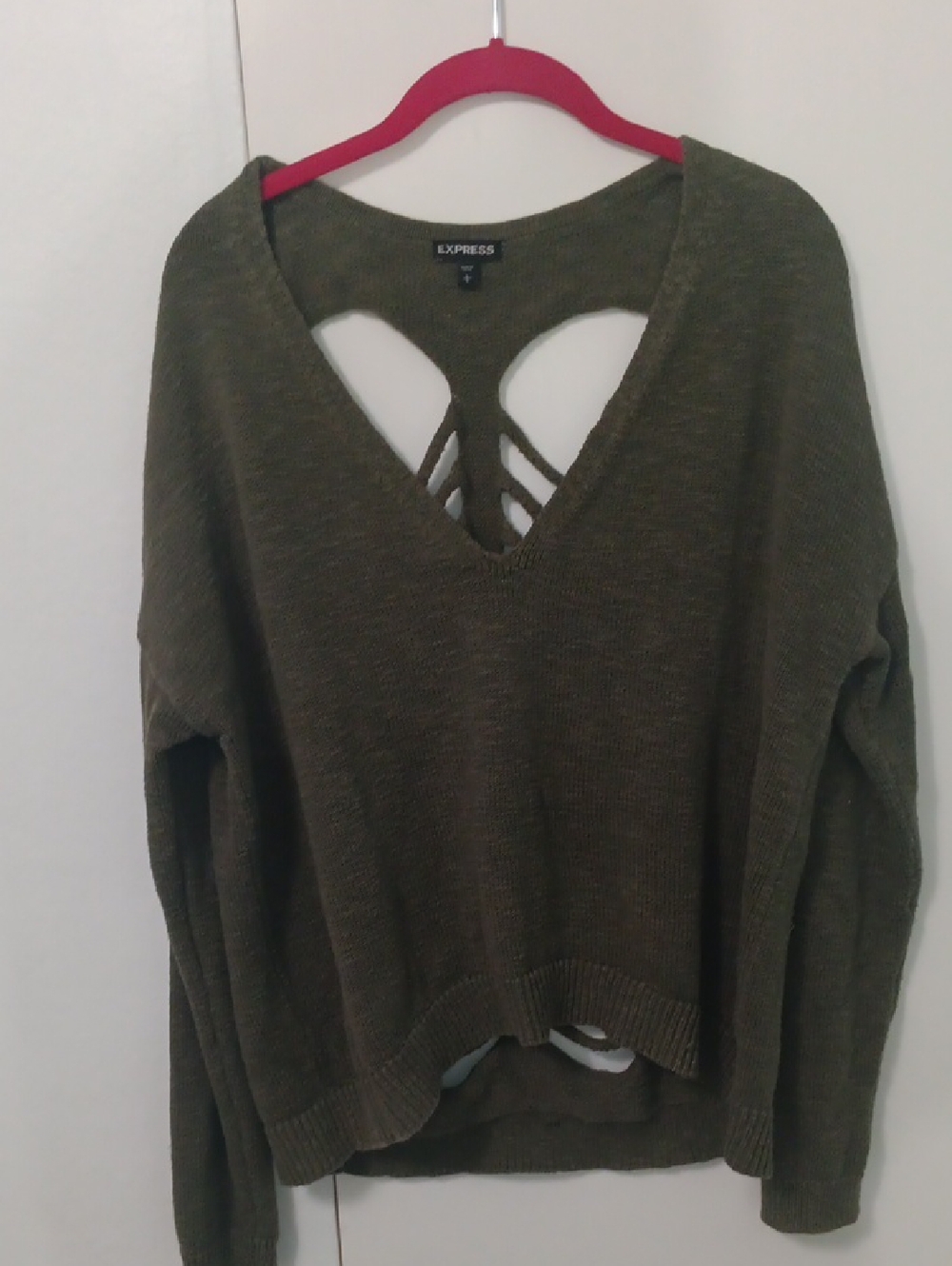 Express Olive Green V-Neck Sweater with Strappy Open Back